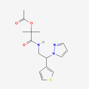 B2732601 1-((2-(1H-pyrazol-1-yl)-2-(thiophen-3-yl)ethyl)amino)-2-methyl-1-oxopropan-2-yl acetate CAS No. 2034569-66-7