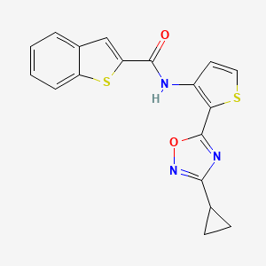 molecular formula C18H13N3O2S2 B2732617 N-[2-(3-cyclopropyl-1,2,4-oxadiazol-5-yl)thiophen-3-yl]-1-benzothiophene-2-carboxamide CAS No. 1795411-00-5