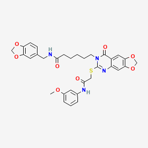 molecular formula C32H32N4O8S B2732844 N-[(2H-1,3-benzodioxol-5-yl)methyl]-6-[6-({[(3-methoxyphenyl)carbamoyl]methyl}sulfanyl)-8-oxo-2H,7H,8H-[1,3]dioxolo[4,5-g]quinazolin-7-yl]hexanamide CAS No. 688061-37-2