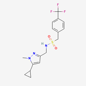 molecular formula C16H18F3N3O2S B2733101 N-((5-cyclopropyl-1-methyl-1H-pyrazol-3-yl)methyl)-1-(4-(trifluoromethyl)phenyl)methanesulfonamide CAS No. 1448126-51-9