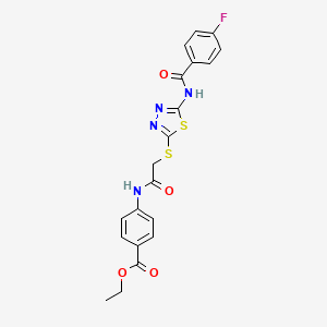 molecular formula C20H17FN4O4S2 B2733141 ethyl 4-(2-{[5-(4-fluorobenzamido)-1,3,4-thiadiazol-2-yl]sulfanyl}acetamido)benzoate CAS No. 392293-24-2