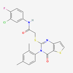 molecular formula C22H17ClFN3O2S2 B2733157 N-(3-chloro-4-fluorophenyl)-2-{[3-(2,4-dimethylphenyl)-4-oxo-3,4-dihydrothieno[3,2-d]pyrimidin-2-yl]sulfanyl}acetamide CAS No. 1260995-31-0