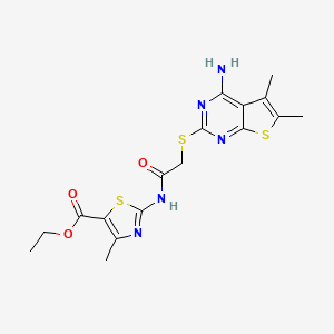 molecular formula C17H19N5O3S3 B2733253 ethyl 2-(2-((4-amino-5,6-dimethylthieno[2,3-d]pyrimidin-2-yl)thio)acetamido)-4-methylthiazole-5-carboxylate CAS No. 496029-16-4