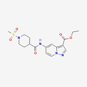 molecular formula C17H22N4O5S B2733318 Ethyl 5-(1-(methylsulfonyl)piperidine-4-carboxamido)pyrazolo[1,5-a]pyridine-3-carboxylate CAS No. 1396864-81-5