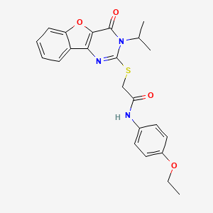 molecular formula C23H23N3O4S B2733384 N-(4-ethoxyphenyl)-2-{[6-oxo-5-(propan-2-yl)-8-oxa-3,5-diazatricyclo[7.4.0.0^{2,7}]trideca-1(9),2(7),3,10,12-pentaen-4-yl]sulfanyl}acetamide CAS No. 866894-60-2