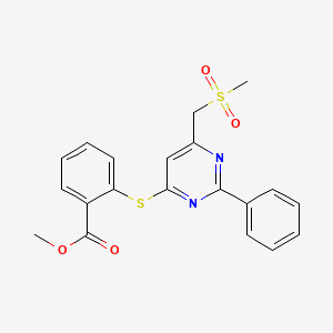 molecular formula C20H18N2O4S2 B2733397 Methyl 2-((6-((methylsulfonyl)methyl)-2-phenyl-4-pyrimidinyl)sulfanyl)benzenecarboxylate CAS No. 478031-59-3