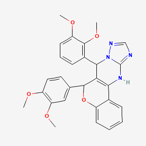 molecular formula C28H26N4O5 B2733479 11-(2,3-dimethoxyphenyl)-9-(3,4-dimethoxyphenyl)-8-oxa-12,13,15,17-tetraazatetracyclo[8.7.0.0^{2,7}.0^{12,16}]heptadeca-1(10),2(7),3,5,13,15-hexaene CAS No. 868147-98-2