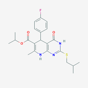 molecular formula C22H26FN3O3S B2733673 Isopropyl 5-(4-fluorophenyl)-2-(isobutylthio)-7-methyl-4-oxo-3,4,5,8-tetrahydropyrido[2,3-d]pyrimidine-6-carboxylate CAS No. 923857-84-5