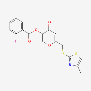 molecular formula C17H12FNO4S2 B2733864 6-(((4-methylthiazol-2-yl)thio)methyl)-4-oxo-4H-pyran-3-yl 2-fluorobenzoate CAS No. 896303-53-0