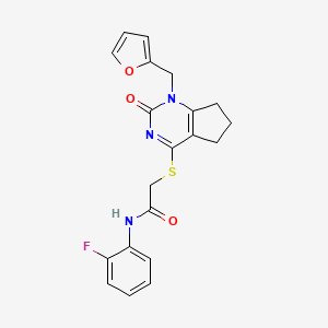 molecular formula C20H18FN3O3S B2733920 N-(2-fluorophenyl)-2-({1-[(furan-2-yl)methyl]-2-oxo-1H,2H,5H,6H,7H-cyclopenta[d]pyrimidin-4-yl}sulfanyl)acetamide CAS No. 946326-39-2