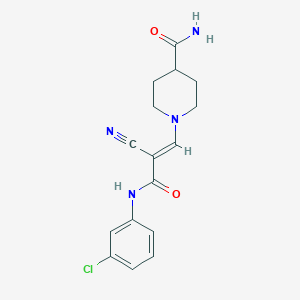 molecular formula C16H17ClN4O2 B2733926 (E)-1-(3-((3-chlorophenyl)amino)-2-cyano-3-oxoprop-1-en-1-yl)piperidine-4-carboxamide CAS No. 881558-47-0