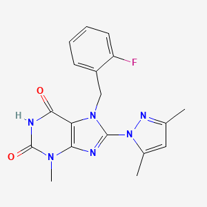 molecular formula C18H17FN6O2 B2733935 8-(3,5-dimethyl-1H-pyrazol-1-yl)-7-(2-fluorobenzyl)-3-methyl-1H-purine-2,6(3H,7H)-dione CAS No. 1019100-10-7
