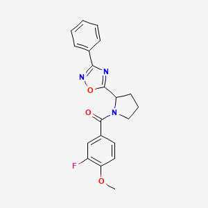 molecular formula C20H18FN3O3 B2733964 5-[1-(3-Fluoro-4-methoxybenzoyl)pyrrolidin-2-yl]-3-phenyl-1,2,4-oxadiazole CAS No. 1798634-29-3