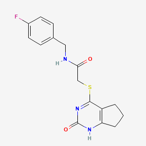 molecular formula C16H16FN3O2S B2733997 N-[(4-fluorophenyl)methyl]-2-({2-oxo-1H,2H,5H,6H,7H-cyclopenta[d]pyrimidin-4-yl}sulfanyl)acetamide CAS No. 959492-32-1