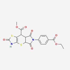 molecular formula C19H16N2O7S2 B2734183 methyl 11-(4-ethoxycarbonylphenyl)-5,10,12-trioxo-2,6-dithia-4,11-diazatricyclo[7.3.0.03,7]dodec-3(7)-ene-8-carboxylate CAS No. 1005102-08-8