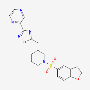 molecular formula C20H21N5O4S B2734193 5-((1-((2,3-Dihydrobenzofuran-5-yl)sulfonyl)piperidin-3-yl)methyl)-3-(pyrazin-2-yl)-1,2,4-oxadiazole CAS No. 1705461-96-6