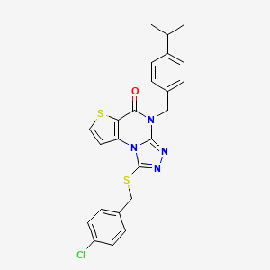 molecular formula C24H21ClN4OS2 B2734199 1-((4-chlorobenzyl)thio)-4-(4-isopropylbenzyl)thieno[2,3-e][1,2,4]triazolo[4,3-a]pyrimidin-5(4H)-one CAS No. 1223822-28-3