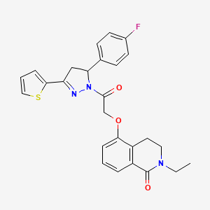 molecular formula C26H24FN3O3S B2734278 2-Ethyl-5-[2-[3-(4-fluorophenyl)-5-thiophen-2-yl-3,4-dihydropyrazol-2-yl]-2-oxoethoxy]-3,4-dihydroisoquinolin-1-one CAS No. 850905-23-6