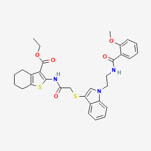 molecular formula C31H33N3O5S2 B2734285 Ethyl 2-[[2-[1-[2-[(2-methoxybenzoyl)amino]ethyl]indol-3-yl]sulfanylacetyl]amino]-4,5,6,7-tetrahydro-1-benzothiophene-3-carboxylate CAS No. 497072-67-0