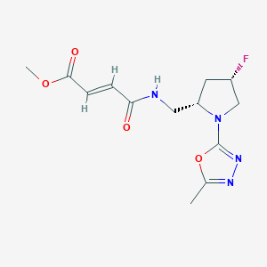 molecular formula C13H17FN4O4 B2734286 Methyl (E)-4-[[(2S,4S)-4-fluoro-1-(5-methyl-1,3,4-oxadiazol-2-yl)pyrrolidin-2-yl]methylamino]-4-oxobut-2-enoate CAS No. 2411179-36-5
