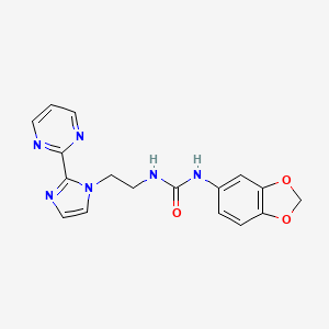 molecular formula C17H16N6O3 B2734402 1-(苯并[d][1,3]二噁杂环-5-基)-3-(2-(2-(嘧啶-2-基)-1H-咪唑-1-基)乙基)脲 CAS No. 1797680-41-1