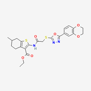 molecular formula C24H25N3O6S2 B2734733 Ethyl 2-(2-((5-(2,3-dihydrobenzo[b][1,4]dioxin-6-yl)-1,3,4-oxadiazol-2-yl)thio)acetamido)-6-methyl-4,5,6,7-tetrahydrobenzo[b]thiophene-3-carboxylate CAS No. 896676-04-3