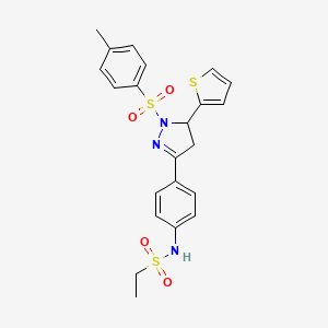 molecular formula C22H23N3O4S3 B2734794 N-{4-[1-(4-methylbenzenesulfonyl)-5-(thiophen-2-yl)-4,5-dihydro-1H-pyrazol-3-yl]phenyl}ethane-1-sulfonamide CAS No. 851781-96-9