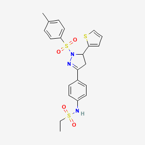 molecular formula C22H23N3O4S3 B2734794 N-[4-[2-(4-methylphenyl)sulfonyl-3-thiophen-2-yl-3,4-dihydropyrazol-5-yl]phenyl]ethanesulfonamide CAS No. 851781-96-9