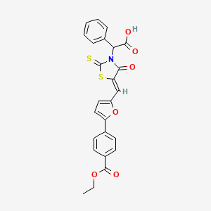 molecular formula C25H19NO6S2 B2734829 (Z)-2-(5-((5-(4-(ethoxycarbonyl)phenyl)furan-2-yl)methylene)-4-oxo-2-thioxothiazolidin-3-yl)-2-phenylacetic acid CAS No. 875286-76-3