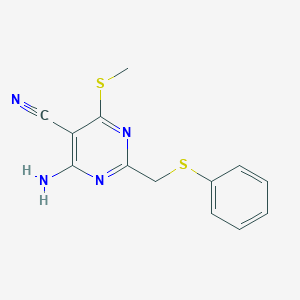 molecular formula C13H12N4S2 B2734872 4-Amino-6-(methylsulfanyl)-2-[(phenylsulfanyl)methyl]-5-pyrimidinecarbonitrile CAS No. 265314-47-4