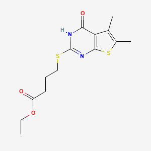 molecular formula C14H18N2O3S2 B2734939 ethyl 4-[(5,6-dimethyl-4-oxo-3H-thieno[2,3-d]pyrimidin-2-yl)sulfanyl]butanoate CAS No. 325476-40-2