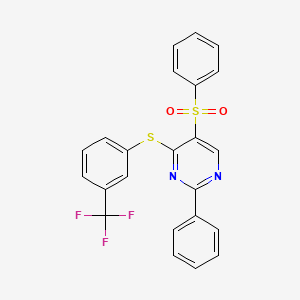 molecular formula C23H15F3N2O2S2 B2734946 2-Phenyl-5-(phenylsulfonyl)-4-{[3-(trifluoromethyl)phenyl]sulfanyl}pyrimidine CAS No. 478081-00-4