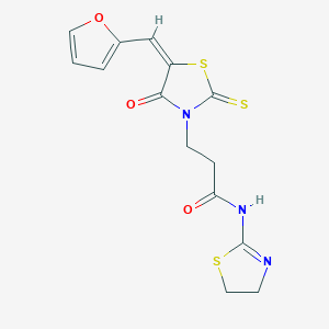 molecular formula C14H13N3O3S3 B2734952 (E)-N-(4,5-dihydrothiazol-2-yl)-3-(5-(furan-2-ylmethylene)-4-oxo-2-thioxothiazolidin-3-yl)propanamide CAS No. 682783-93-3