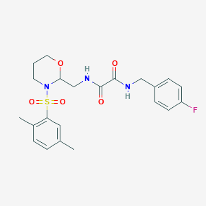 molecular formula C22H26FN3O5S B2735297 N-{[3-(2,5-dimethylbenzenesulfonyl)-1,3-oxazinan-2-yl]methyl}-N'-[(4-fluorophenyl)methyl]ethanediamide CAS No. 872724-30-6
