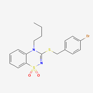 molecular formula C18H19BrN2O2S2 B2735418 3-((4-bromobenzyl)thio)-4-butyl-4H-benzo[e][1,2,4]thiadiazine 1,1-dioxide CAS No. 893790-51-7