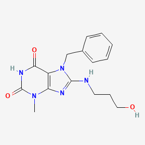 molecular formula C16H19N5O3 B2735536 7-Benzyl-8-(3-hydroxypropylamino)-3-methylpurine-2,6-dione CAS No. 442865-22-7