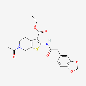 molecular formula C21H22N2O6S B2735662 Ethyl 6-acetyl-2-(2-(benzo[d][1,3]dioxol-5-yl)acetamido)-4,5,6,7-tetrahydrothieno[2,3-c]pyridine-3-carboxylate CAS No. 922556-69-2