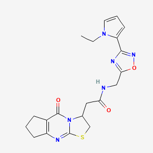 molecular formula C20H22N6O3S B2735769 N-((3-(1-ethyl-1H-pyrrol-2-yl)-1,2,4-oxadiazol-5-yl)methyl)-2-(5-oxo-2,3,5,6,7,8-hexahydrocyclopenta[d]thiazolo[3,2-a]pyrimidin-3-yl)acetamide CAS No. 2034509-95-8