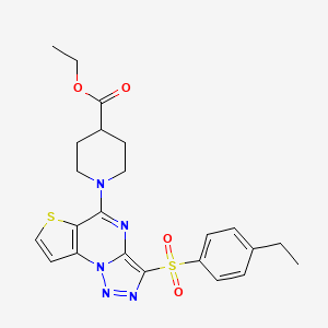 molecular formula C23H25N5O4S2 B2735796 ethyl 1-[10-(4-ethylbenzenesulfonyl)-5-thia-1,8,11,12-tetraazatricyclo[7.3.0.0^{2,6}]dodeca-2(6),3,7,9,11-pentaen-7-yl]piperidine-4-carboxylate CAS No. 892742-93-7