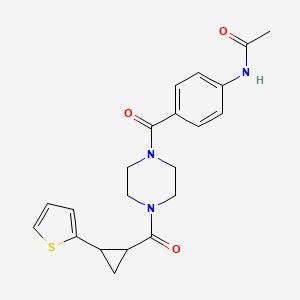 molecular formula C21H23N3O3S B2735886 N-(4-(4-(2-(thiophen-2-yl)cyclopropanecarbonyl)piperazine-1-carbonyl)phenyl)acetamide CAS No. 1208619-58-2