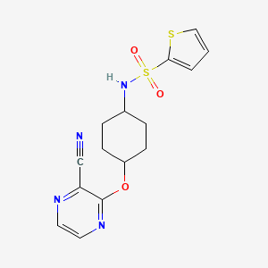 molecular formula C15H16N4O3S2 B2735912 N-((1r,4r)-4-((3-cyanopyrazin-2-yl)oxy)cyclohexyl)thiophene-2-sulfonamide CAS No. 2034452-14-5
