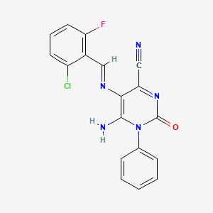 5-{[(E)-(2-chloro-6-fluorophenyl)methylidene]amino}-6-imino-2-oxo-1-phenyl-1,2,3,6-tetrahydro-4-pyrimidinecarbonitrile