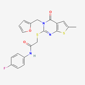 molecular formula C20H16FN3O3S2 B2735992 N-(4-fluorophenyl)-2-({3-[(furan-2-yl)methyl]-6-methyl-4-oxo-3H,4H-thieno[2,3-d]pyrimidin-2-yl}sulfanyl)acetamide CAS No. 878682-59-8