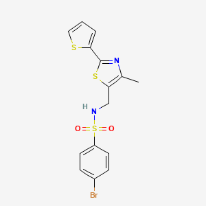 molecular formula C15H13BrN2O2S3 B2736013 4-bromo-N-((4-methyl-2-(thiophen-2-yl)thiazol-5-yl)methyl)benzenesulfonamide CAS No. 1421584-76-0