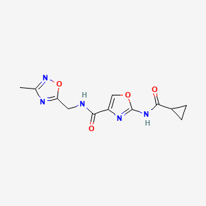 molecular formula C12H13N5O4 B2736088 2-(cyclopropanecarboxamido)-N-((3-methyl-1,2,4-oxadiazol-5-yl)methyl)oxazole-4-carboxamide CAS No. 1351614-13-5
