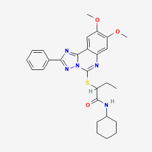 molecular formula C27H31N5O3S B2736102 N-Cyclohexyl-2-({8,9-dimethoxy-2-phenyl-[1,2,4]triazolo[1,5-C]quinazolin-5-YL}sulfanyl)butanamide CAS No. 902433-32-3