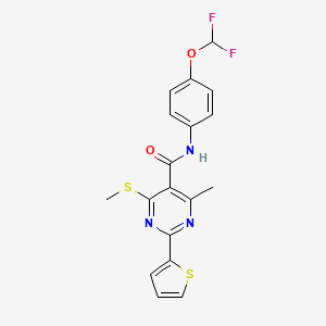 molecular formula C18H15F2N3O2S2 B2736130 N-[4-(difluoromethoxy)phenyl]-4-methyl-6-methylsulfanyl-2-thiophen-2-ylpyrimidine-5-carboxamide CAS No. 1030692-67-1