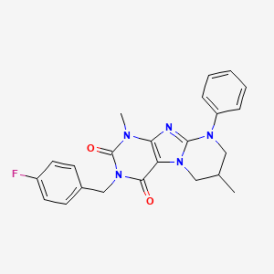 molecular formula C23H22FN5O2 B2736161 3-(4-fluorobenzyl)-1,7-dimethyl-9-phenyl-6,7,8,9-tetrahydropyrimido[2,1-f]purine-2,4(1H,3H)-dione CAS No. 844456-48-0