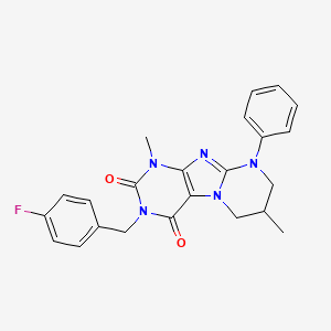 molecular formula C23H22FN5O2 B2736161 3-[(4-fluorophenyl)methyl]-1,7-dimethyl-9-phenyl-7,8-dihydro-6H-purino[7,8-a]pyrimidine-2,4-dione CAS No. 844456-48-0