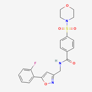 molecular formula C21H20FN3O5S B2736210 N-((5-(2-fluorophenyl)isoxazol-3-yl)methyl)-4-(morpholinosulfonyl)benzamide CAS No. 1171225-41-4